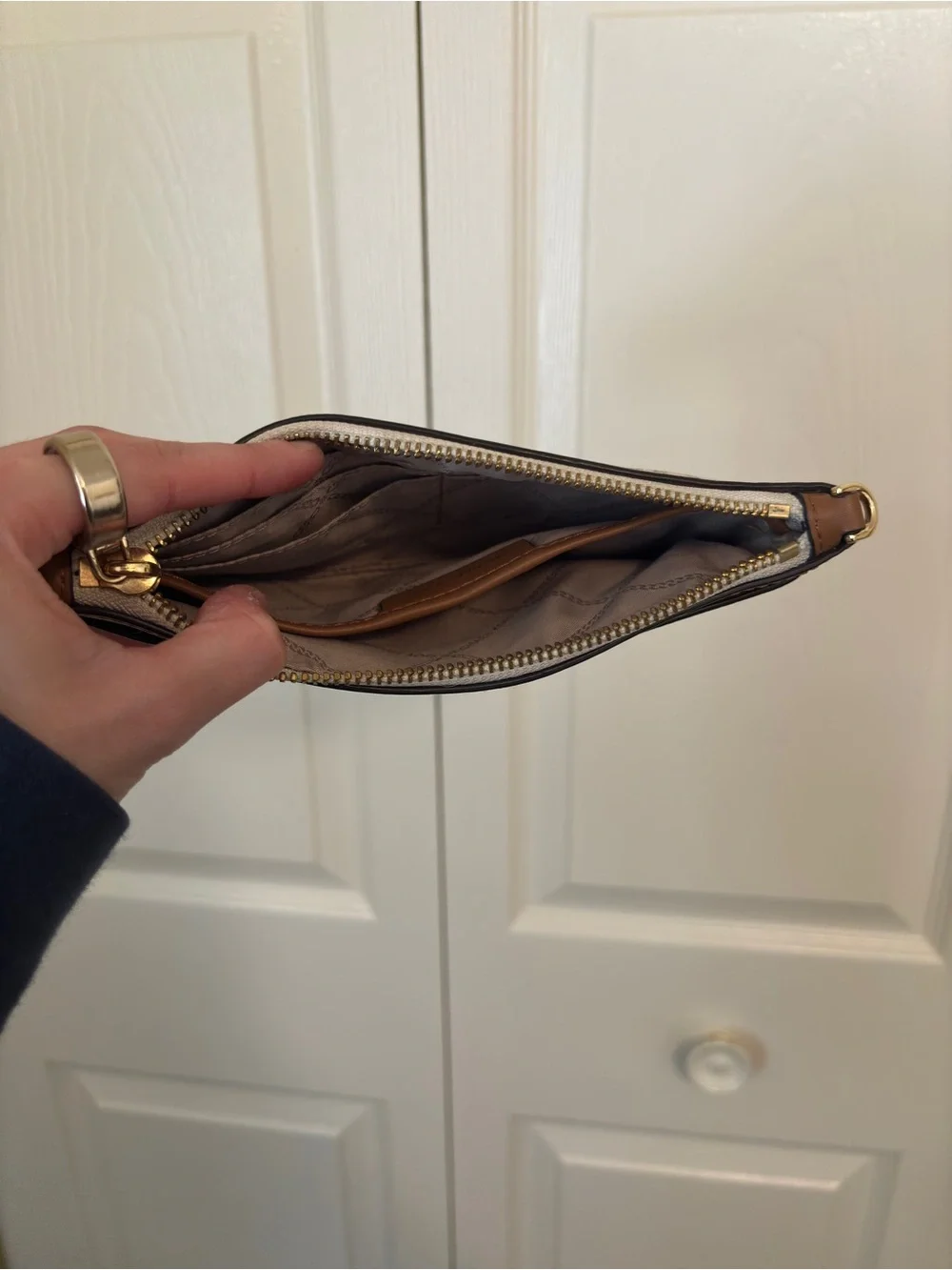 Michael Kors Beige/Light Taupe MK Logo Pouch with Gold Hardware